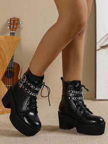 European And American Style Women's Thick Heel Platform Short Boots, Waterproof Mid-Calf Boots, Autumn/Winter New Lace-Up Boots, White Fashionable Boots, Black High Heel Boots, Western Style Boots