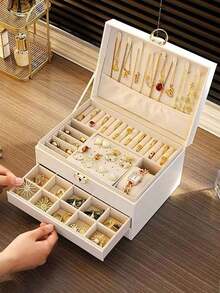 1pc Three-Layer Jewelry Storage Box, Dressing Table With Drawer Jewelry Storage Box, Gift Leather Jewelry Box, Portable Jewelry Storage Box, Desktop Storage Drawer Box, Stackable Storage Box, Can Store Watches, Necklaces, Rings, Pendants, Bracelets And Other Multi-Functional Jewelry Storage Boxes, Exterior With Locking Leather Design,