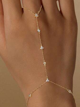 EleRunis 1PC 925 Sterling Silver Dainty 3 Leaf Petal Ring Bracelet Hand Chain For Women Dainty Cubic Zirconia Bracelet And Ring Chain Body Jewelry Daily Wear Wedding Party Engagement Anniversary Valentine's Day
