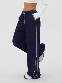 1pc Women's Waffle Texture Loose Jogger Pants With Pockets And Contrast Side Stripe Design, Straight Leg, Suitable For Outdoor Running, Gym Workout, Casual Street Wear, All Seasons Spring - Navy Blue - View 6