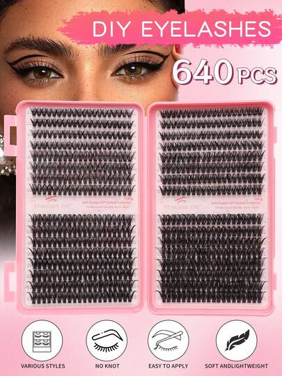 640 Stücke Wimpernbüschel, D-Krümmung, 50D+60D Krümmung, 8-16mm Länge, 3D-Effekt, DIY Wimpernbüschel für natürliches Aussehen, super dick, smart, super weich, super leicht, wiederverwendbare individuelle Segment-Wimpernverlängerungsset, geeignet für Anfänger, Alltag, Hochzeit, Date, Party, Musikfestival, Halloween