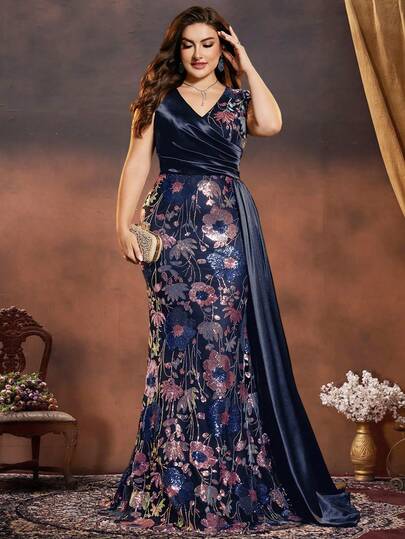 BluePlum Plus Size Women's Elegant High-Quality Colorful Embroidered Sequin Patchwork Fitted Cap Sleeve Classy Luxurious Cocktail Party Formal Evening Gown Dress With V-Neck And Flowing Sash (Heavy Embellishment) Wedding Spring