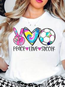 Women's Peace Love Soccer T-Shirt  Tie-Dye Peace Sign Heart And Soccer Ball Print Casual Sporty Top For Football Fans And Everyday Wear, 220g - 白色 - 查看 1