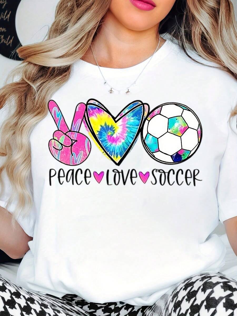 Women's Peace Love Soccer T-Shirt  Tie-Dye Peace Sign Heart And Soccer Ball Print Casual Sporty Top For Football Fans And Everyday Wear, 220g - 白色 - 查看 1
