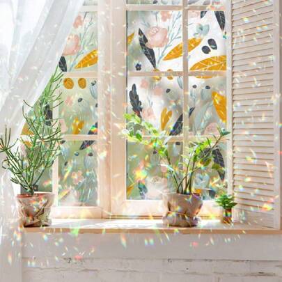 Non-Adhesive UV Rainbow Window Privacy Film, Green Floral And Orange Leaf Stained Glass Window Film,Static Cling Glass Sticker For Home, Room, Bathroom, Glass Door,22409735
