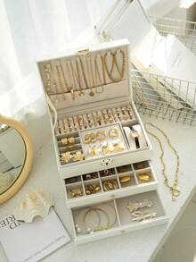 1pc Three-Layer Jewelry Storage Box, Dressing Table With Drawer Jewelry Storage Box, Gift Leather Jewelry Box, Portable Jewelry Storage Box, Desktop Storage Drawer Box, Stackable Storage Box, Can Store Watches, Necklaces, Rings, Pendants, Bracelets And Other Multi-Functional Jewelry Storage Boxes, Exterior With Locking Leather Design,