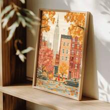Imprimeu artistic pe pânză cu orizont de toamnă vintage din New York City, 1 buc - Poster decorativ de perete plat, neînrămat, cu frunziș de toamnă și nuanțe calde de portocaliu, pentru sufragerie, dormitor, birou - Ziua Recunoștinței, Halloween, idee de cadou de Crăciun, decor de perete metalic, decorațiuni pentru cameră, artă murală pe pânză mare, artă murală din tablă, decorațiuni pentru casă, cumpărători de sărbători, decoratori de casă, 2D plat, perfect pentru decorul camerei