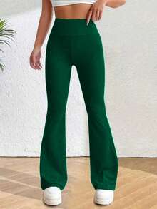 PETITE Solid High Rise Flared Straight Leg Pants - Green - View 3