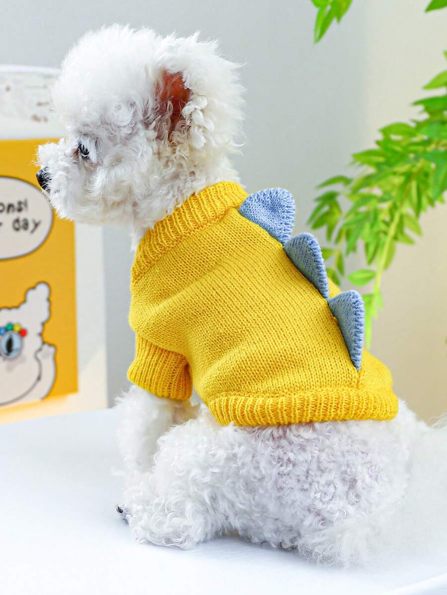 1 pièce Vêtements pour animaux de compagnie, Vêtements pour chiens/chats de petite taille, Tenue mignonne et heureuse pour chiots/chatons, Chandail de dinosaure chaud et confortable - Jaune - Jaune citron - Voir 1
