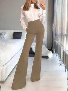 優雅通勤高腰卡其色百搭微喇長褲 - 卡其色 - 查看 4