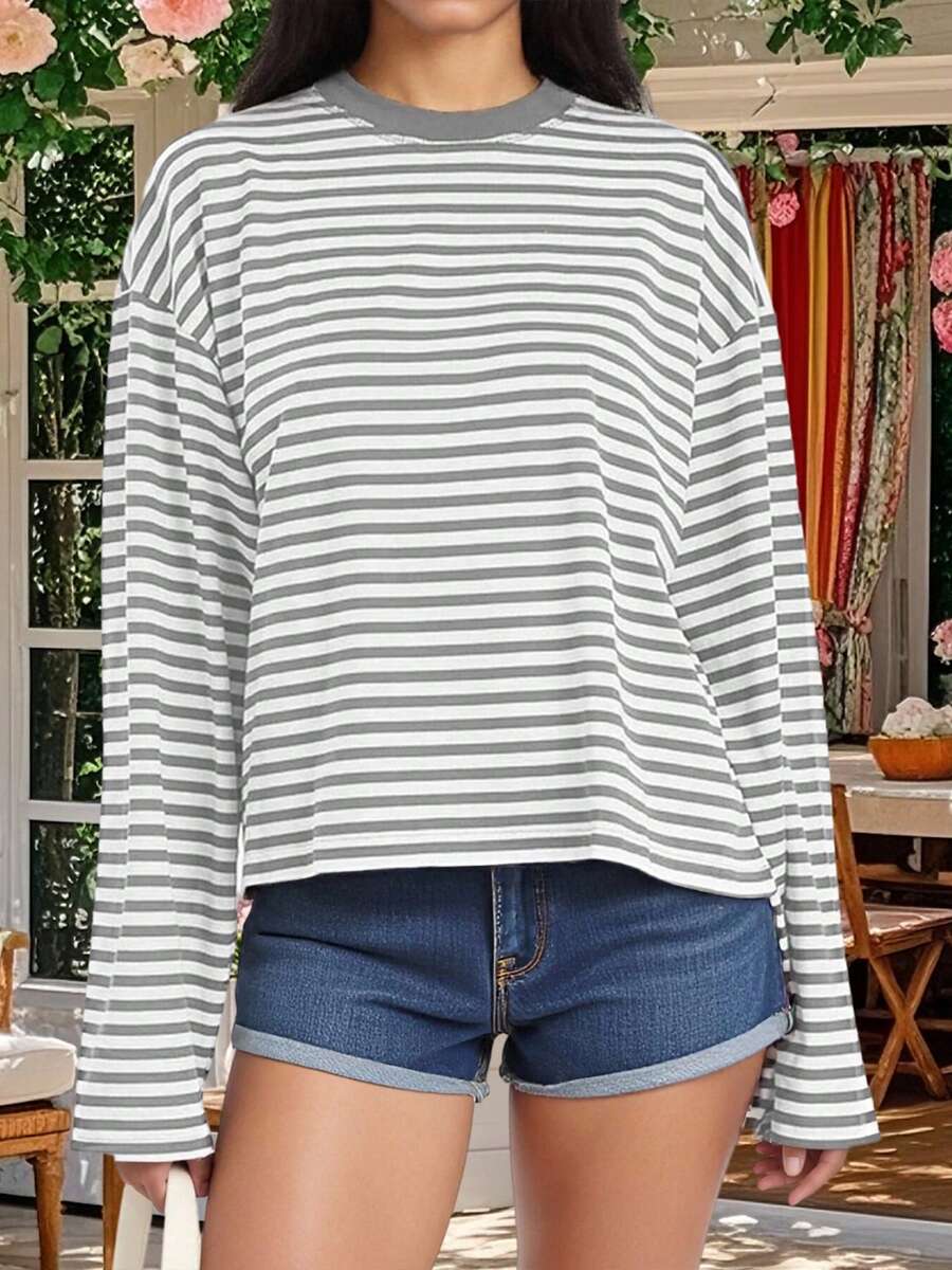 Women Striped Long Sleeve Baggy T Shirts Y2k Vintage Stripes Oversized Boxy Tees Cropped Tops Lionesss Stripped Sweatshirt Fall Preppy Teen Girl Clothes - 灰色 - 查看 1