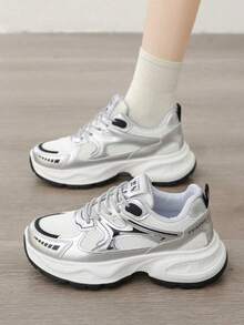 Women's Spring/Autumn New Sports Chunky Sneakers, Mesh Breathable Platform Low Vamp Wedge Heel Casual Shoes, Lightweight Versatile Fashion Casual Lace-Up White Gray Sneakers, White Blue - Silver - View 3