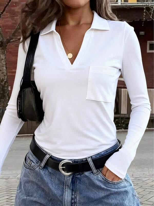 Camiseta de manga larga con cuello vuelto y bolsillo, deunicoloro y casual, para primavera/otoño