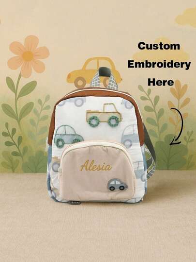 Personalized Cute Cartoon Car Print Mini Backpack For Kids, Custom Embroidered Lightweight Colorblock Shoulder Bag, Adorable Small Daypack For Children, Casual Travel Rucksack, Stylish School Bag For Boys And Girls, Portable Fashionable Everyday Backpack,Christmas Gift Supplies