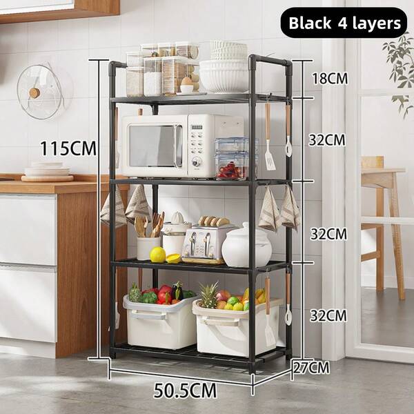 1pc Kitchen Storage Rack, Floor-Standing Multi-Tier Shelf For Microwave, Oven, Rice Cooker, Fruits & Vegetables, Household Appliances, With Handrail & Hooks