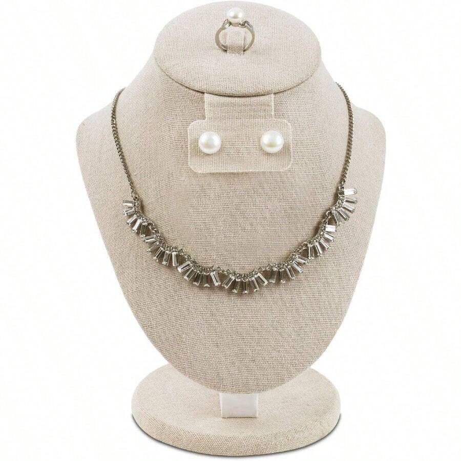 Mooca Soporte de exhibición de joyas de madera cubierta de lino para collar cadena de joyería soporte para exhibición de collares maniquí collar busto de joyería soporte de busto de 8 3/4 pulgadas de altura color marrón - BronceadoTanLinen - Ver 1