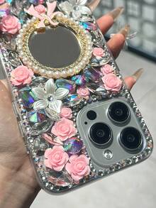 1 szt. Sheer Luxe Pearl Crown Mirror Sparkle Diamond Phone Case Round Bow Mirror Purple Pink Flower Party Phone Back Cover kompatybilny z Galaxy S23 S24 25 Ultra A15 A13 A56 A52 A53 A55 A26 A34 i kompatybilny z 15 12 13 14 16 Plus 17 Pro Max