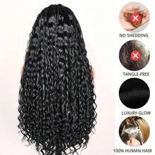Pre Styled Box Braided Boho Curly Wig Glueless Transparent Lace Human Hair |Water Wave Ready To Go | Pre Bleached Outdoor Fun Wig - Natural Black - Xem 7