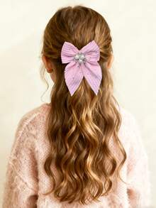 6 件随机彩色纯色华夫格纹理蝴蝶结水钻发夹，甜美女孩公主发饰，适合日常佩戴和派对 - 彩色 - 查看 3