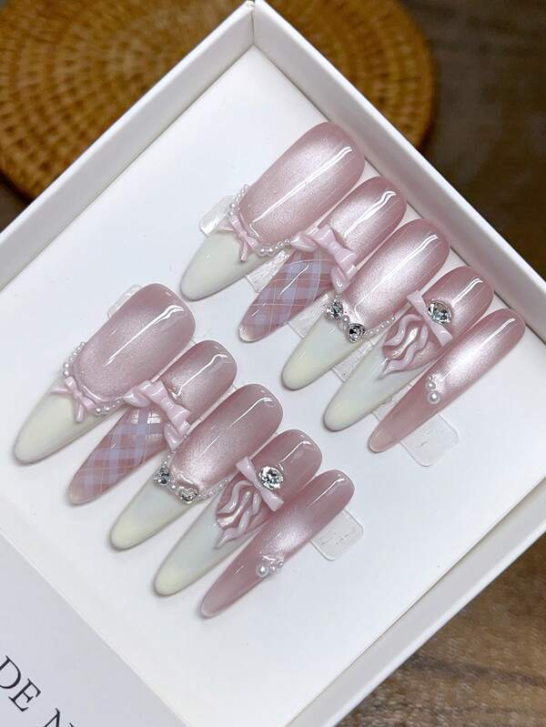 10 piezas de uñas ovaladas largas hechas a mano, uñas postizas