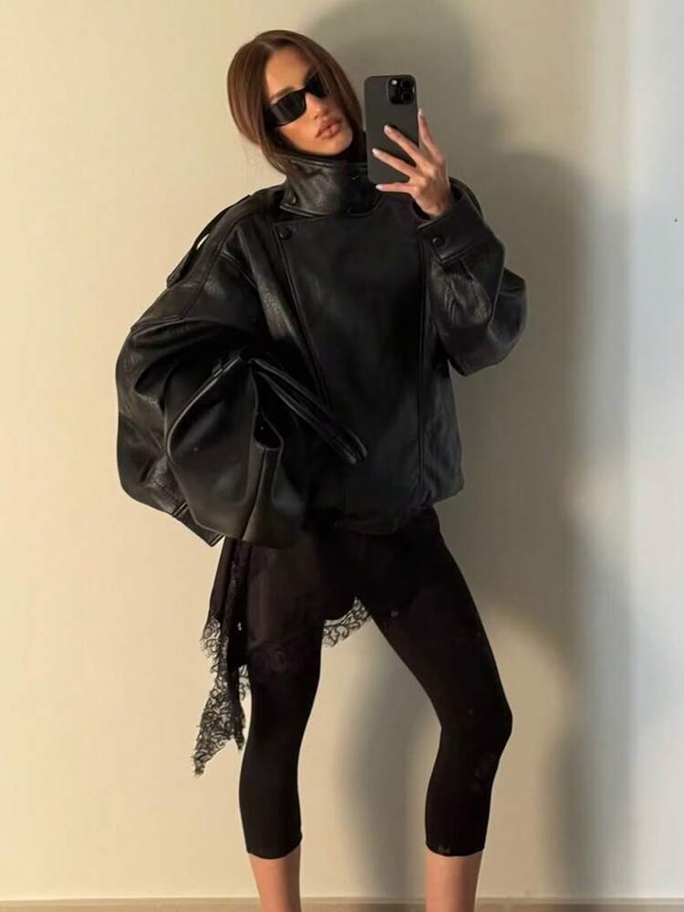 Damen Mode Schwarze PU Lederjacke, Langarm Stehkragen Reißverschluss Mantel, stilvolle Oberbekleidung für Herbst/Winter - Schwarz - Übersicht 7