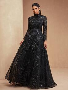 新款奢华高端亮片蕾丝女士优雅立领A字长裙，适合派对、宴会、盛会等正式晚宴穿着。 - 黑色 - 查看 8