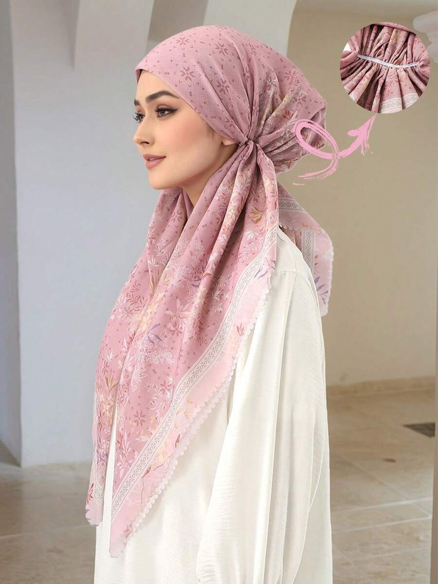 1pc Women's Romantic Floral Print Headscarf, Delicate Lace Trim, Soft And Elegant, Fashionable Hijab Accessory