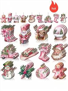 12/24/36 sztuk różowych ozdób świątecznych, drewniane ozdoby świąteczne w stylu western, świąteczny dziadek do orzechów, piernikowy ludzik, kowbojskie buty, drewniane ozdoby w kształcie kapelusza z linami, odpowiednie do dekoracji choinki, dekoracji na przyjęcie bożonarodzeniowe, dekoracji świątecznych, dekoracji zimowych, wystroju domu, dekoracji tematycznych, dekoracji na zewnątrz, dekoracji na imprezy szkolne