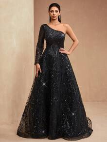 新款奢华高端亮片串珠蕾丝拼接不对称领口直筒袖可调节后背系带A字连衣裙，优雅正式晚宴婚礼宾客礼服 - 黑色 - 查看 5