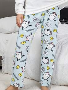 1pc Women's Cartoon Cute Flannel Warm Thermal Lined Fluffy Pajama Pants, Comfortable Loose Fit Trousers Suitable For Autumn/Winter, Cozy - Blue - View 3