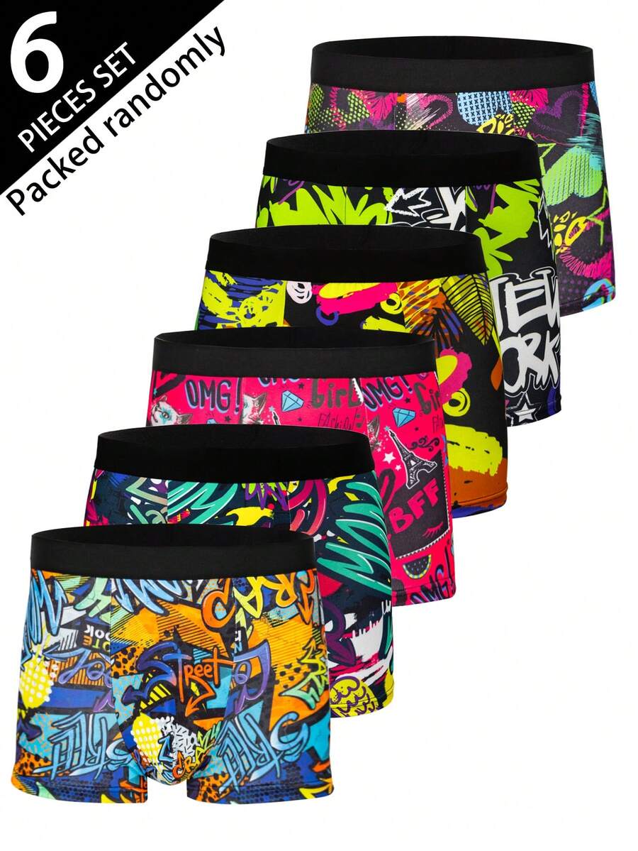 6 piezas de calzoncillos tipo bóxer estampados para hombres, con patrones de graffiti aleatorios, ropa interior gráfica, adecuada para Navidad