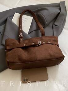 1pc FEISTURE Faux Suede Large Capacity Belt Buckle Shoulder Bag, Fashion Tote Bag, Zipper Closure, Suitable For Daily Outing, Dating, Commuting