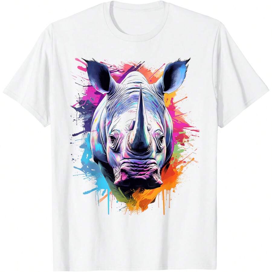 Rhino Animal Abstract Motif Colorful Artwork Painting Rhino T-Shirt - 白色 - 查看 1