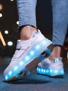 Teens' Wheeled Shoes, Roller Skate Shoes, Four-Wheel Skate Shoes, Small Four-Wheel Shoes, LED Rechargeable Luminous Shoes, Skateboard Shoes - White - View 3