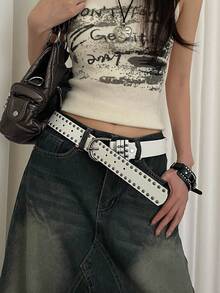 1 件女式白色仿皮朋克风格双排铆钉装饰腰带，百搭腰带 - 白色 - 查看 4