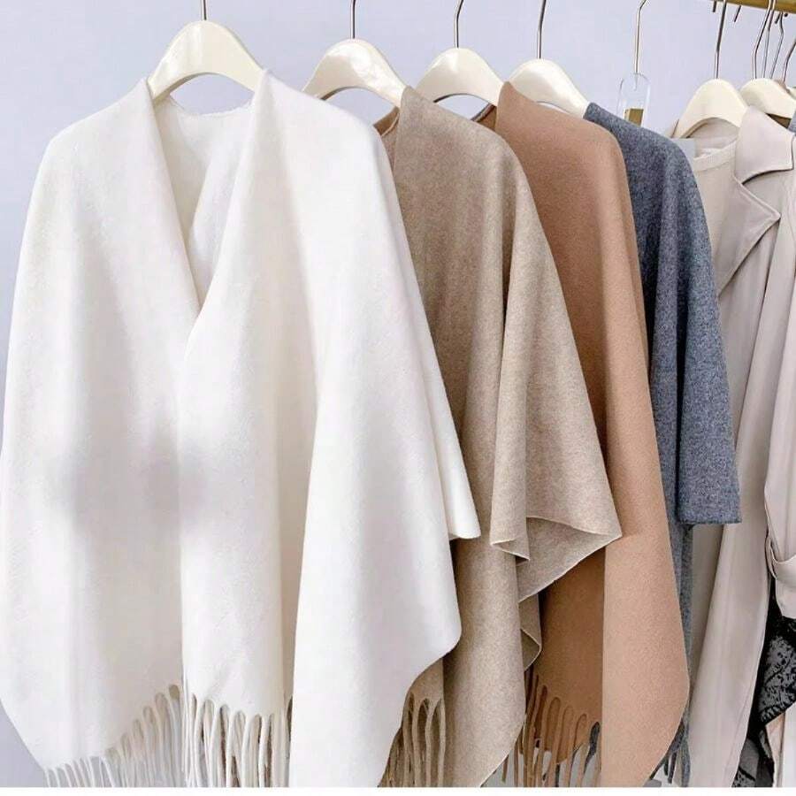 Women's Oversized Fringe Poncho Shawl Wrap Office Air-Conditioned Room Shawl Outer Wear Women's Four Seasons Cloak Travel Wear Cloak Airplane Blanket In Various Colors - 白色 - 查看 1
