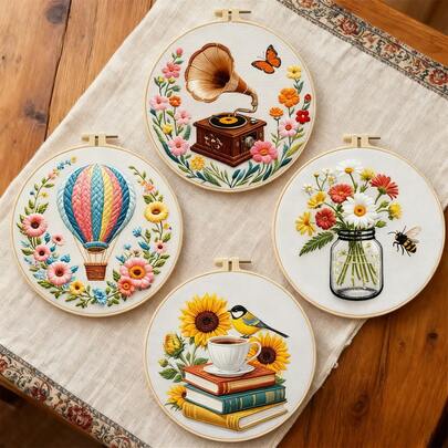 1 Set 11CT Cross Stitch Embroidery Kit, DIY Handmade Embroidery, Gramophone, Hot Air Balloon, Bee, Vase, Floral Pattern, With 3-Strand Threads, Needles, And Instructions
