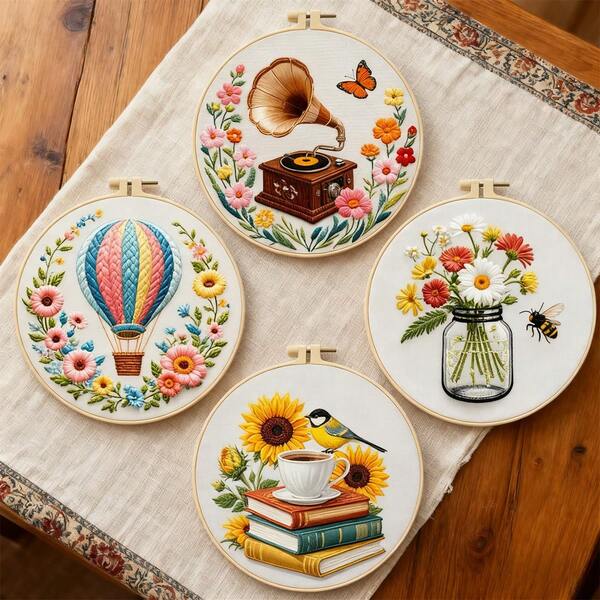 1 Set 11CT Cross Stitch Embroidery Kit, DIY Handmade Embroidery, Gramophone, Hot Air Balloon, Bee, Vase, Floral, With 3-Strand Thread, Bamboo Embroidery Hoop, Pattern Chart