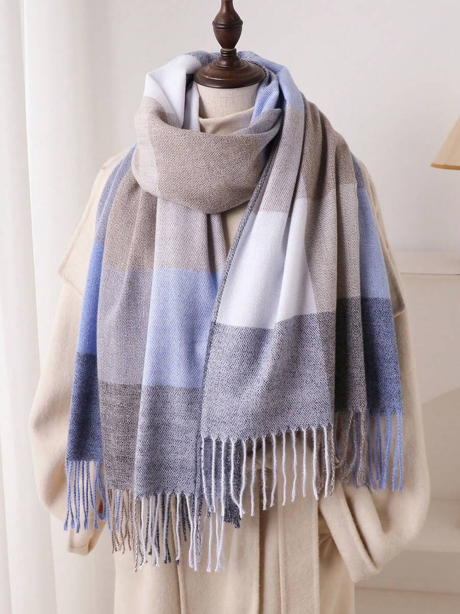 1 Stück Eleganter Vintage Mehrfarbig Karomuster & Streifenmuster Jacquard Schal/Umhang mit Quasten, Unisex Warmer Dicker Lässig Schal für Herbst/Winter - Verschiedenfarbig - Übersicht 1