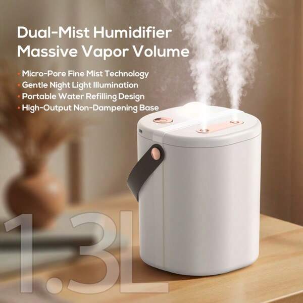 1.3L Large Capacity Humidifier, Handle Design, Dual Nozzle Mist, Night Light Mode, 3 Mist Levels, Nano Mist, Bedroom Humidifier