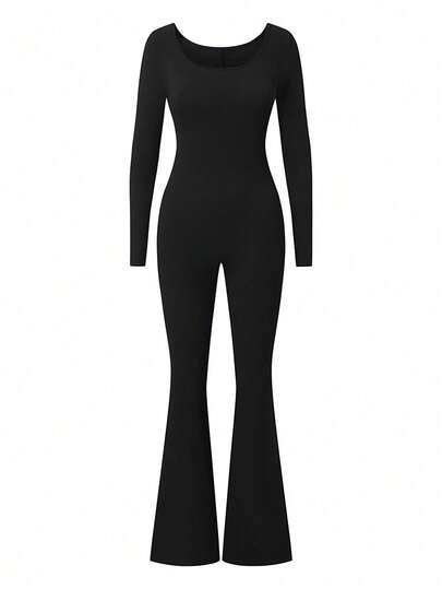 AiTyi PETITE Women's Jumpsuit, Well Fitted Casual Fashionable Sexy Generous U-Neck Slim Fit Outdoor Versatile, Suitable For Graduation, Back To School, Christmas, New Year, Thanksgiving, Autumn/Winter Knit Long Sleeve Flared Leg Jumpsuit