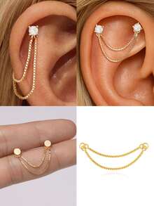 EleRunis 1PC 925 Sterling Silver 4 Prong Setting/Box Piercings Earrings Double Chain Charm Flat Back Cartilage Helix Piercing Fine Jewelry For Daily Wear Wedding Party Engagement Anniversary Valentine's Day