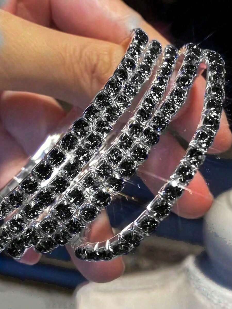 5 Sparkling Rhinestone Elastic Bracelets, Suitable For Gift Giving Jewelry, Ladies' Party And Dinner Themed Bracelet Set - 黑色 - 查看 1