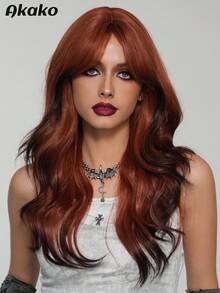 AKAKO 24 Inch Dark Orange Long Wavy Wig With Curtain Bangs, High Quality Heat-Resistant Fiber Synthetic Wave Curly Hair Wig, Gorgeous Goth Style Costume Wigs For Women Halloween Party Masquerade Ball,Music Festivals & Carnival Use - 薑色 - 查看 4