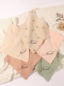 5pcs Customized Embroidered Name Baby Handkerchief Set, Pink, White, Coffee, Modigliani, Beige, Purple, Soft Absorbent Burp Cloths, Face Towels, Ideal Baby Shower Gift For Boys And Girls - Multicolor - View 13