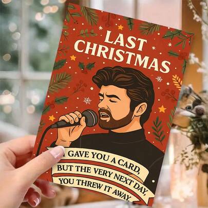 1pc Last Christmas Singing Card With Last Christmas Lyrics & George Michael Tribute Design - Music Lovers Holiday Greeting Card With Envelope, Festive Wreath & Microphone Accent - Unique Gift For Friends, Family, Colleagues - Perfect For Christmas