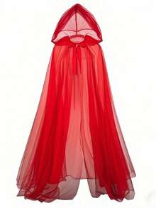 1PC  Red   Long Witch Costume & Elegant Bridal Cape   Halloween Hooded Mesh Cape Cloak - 紅色 - 查看 5