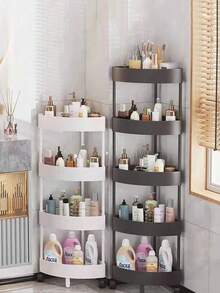 Um organizador de canto triangular de cinco camadas com quatro divisórias e três níveis, feito de plástico com rodízios, é ideal para guardar todos os itens essenciais do dia a dia no banheiro e na cozinha. É muito prático de montar, desmontar e mover, e não ocupa muito espaço. (Este produto é feito de plástico ABS de qualidade comum. A cor pode variar de branco a branco claro, podendo haver pequenas diferenças de tonalidade.)