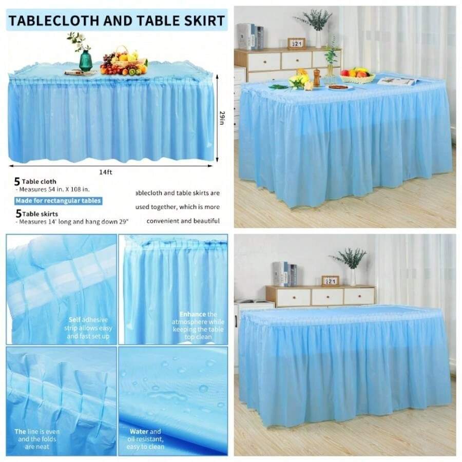 Paquete de 5 faldas de mesa de plstico para mesas rectangulares con paquete de 5 manteles, faldas de mesa azules y manteles de 54x 108 pulgadas, manteles desechables para fiestas, cumpleaos, shower - Azul bebé - Ver 1