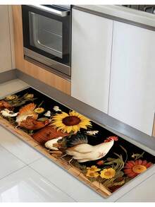 1 szt. Urocza mata kuchenna w stylu wiejskim – wzór kurczaka i słonecznika, zmywalny dywanik wejściowy, odpowiedni do kuchni, jadalni, wystroju wnętrz, wnętrz, dekoracji wiosennych – miękki, antypoślizgowy, łatwy do czyszczenia, trwały, wielofunkcyjny dywanik do miejsc o dużym natężeniu ruchu